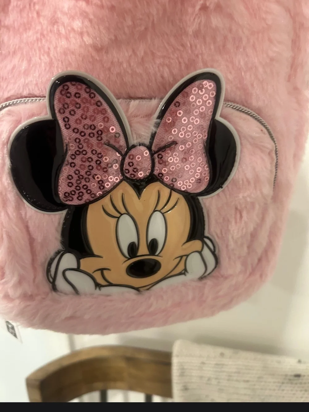 Disney Pink Faux Fur Minnie Mouse Kids Backpack with Sequin Bow Bundle